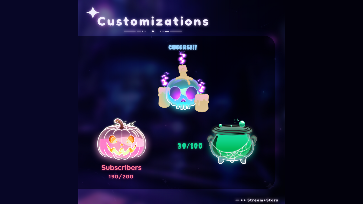 Customizable Halloween goal widgets showing pumpkin, skull, and cauldron vials with glowing liquid and spooky colors. Displays options for cheers and goal progress. Perfect for Twitch and YouTube streams using Streamlabs and StreamElements.