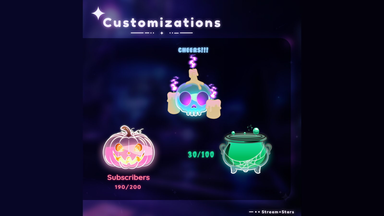 Customizable Halloween goal widgets showing pumpkin, skull, and cauldron vials with glowing liquid and spooky colors. Displays options for cheers and goal progress. Perfect for Twitch and YouTube streams using Streamlabs and StreamElements.