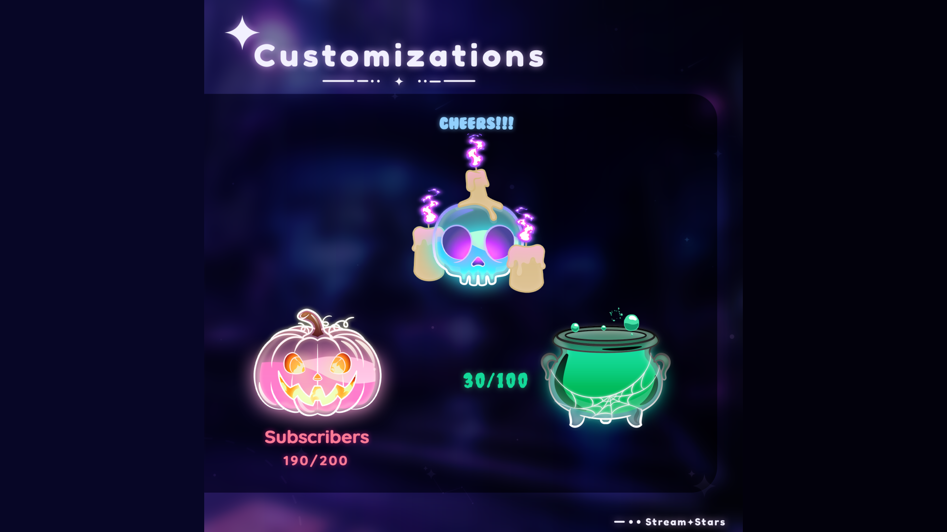 Customizable Halloween goal widgets showing pumpkin, skull, and cauldron vials with glowing liquid and spooky colors. Displays options for cheers and goal progress. Perfect for Twitch and YouTube streams using Streamlabs and StreamElements.