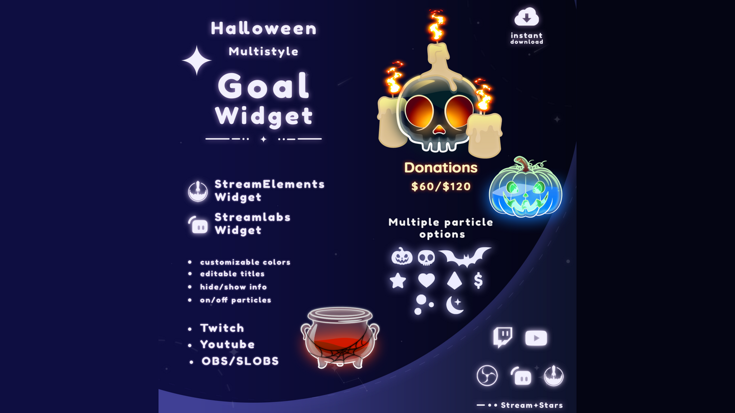 Halloween Multistyle Goal Widgets featuring glowing pumpkin, skull, and cauldron designs with animated liquid and particles. Compatible with Twitch, YouTube, OBS Studio, and Streamlabs. Customizable colors, titles, and particle types for festive stream setups.