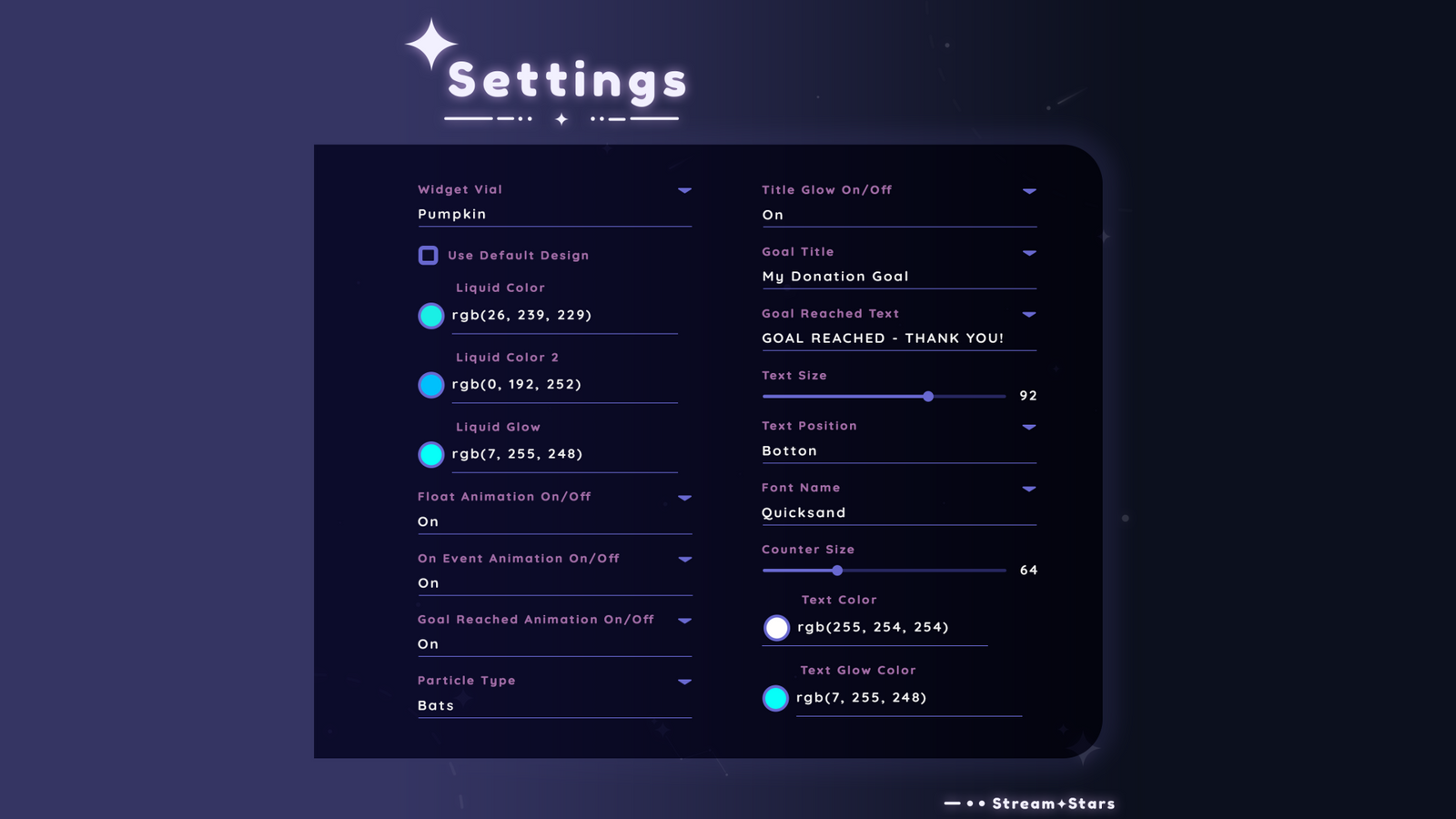 Settings panel for the MultiStyle Liquid Halloween Goal Widget showing options to customize liquid colors, glow, font, text size, animations, and particle types. Fully editable in Streamlabs and StreamElements for Twitch and YouTube streamers.