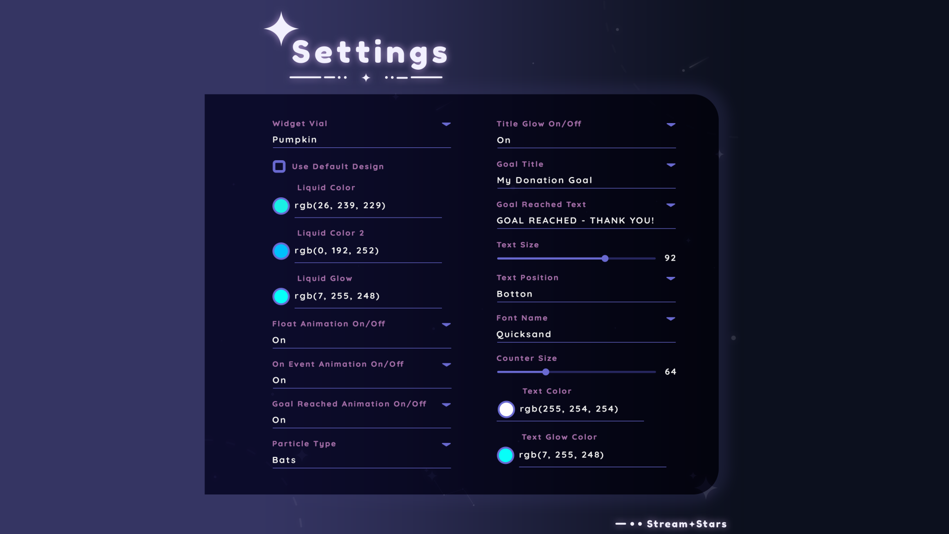Settings panel for the MultiStyle Liquid Halloween Goal Widget showing options to customize liquid colors, glow, font, text size, animations, and particle types. Fully editable in Streamlabs and StreamElements for Twitch and YouTube streamers.