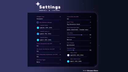 Settings panel for the MultiStyle Liquid Halloween Goal Widget showing options to customize liquid colors, glow, font, text size, animations, and particle types. Fully editable in Streamlabs and StreamElements for Twitch and YouTube streamers.