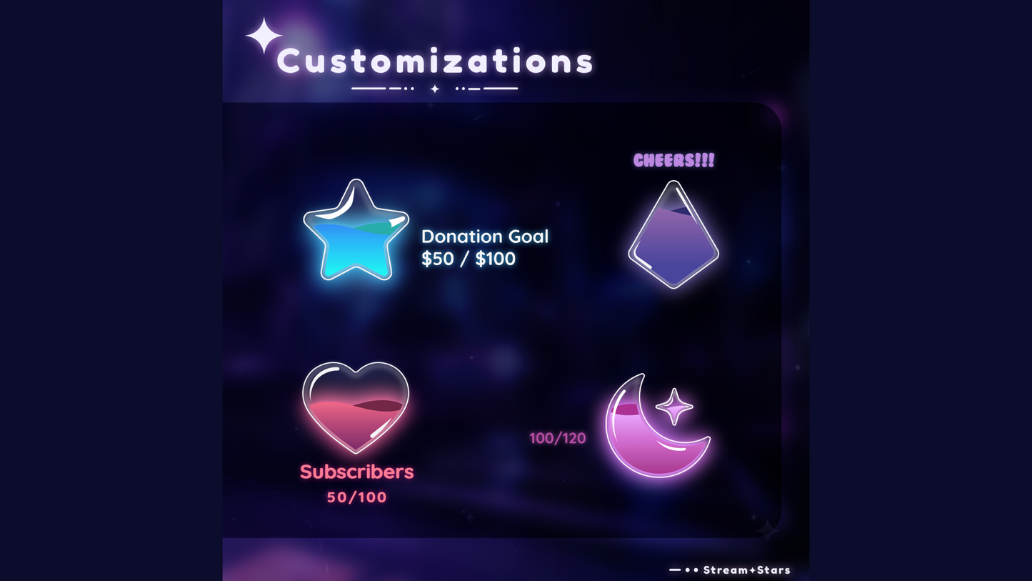 Stream goal vials in multiple shapes including heart, star, and moon, showing editable text, color glow, and goal progress. From the MultiStyle Liquid Orbs Goal Widget by Stream+Stars for Twitch and YouTube streamers.