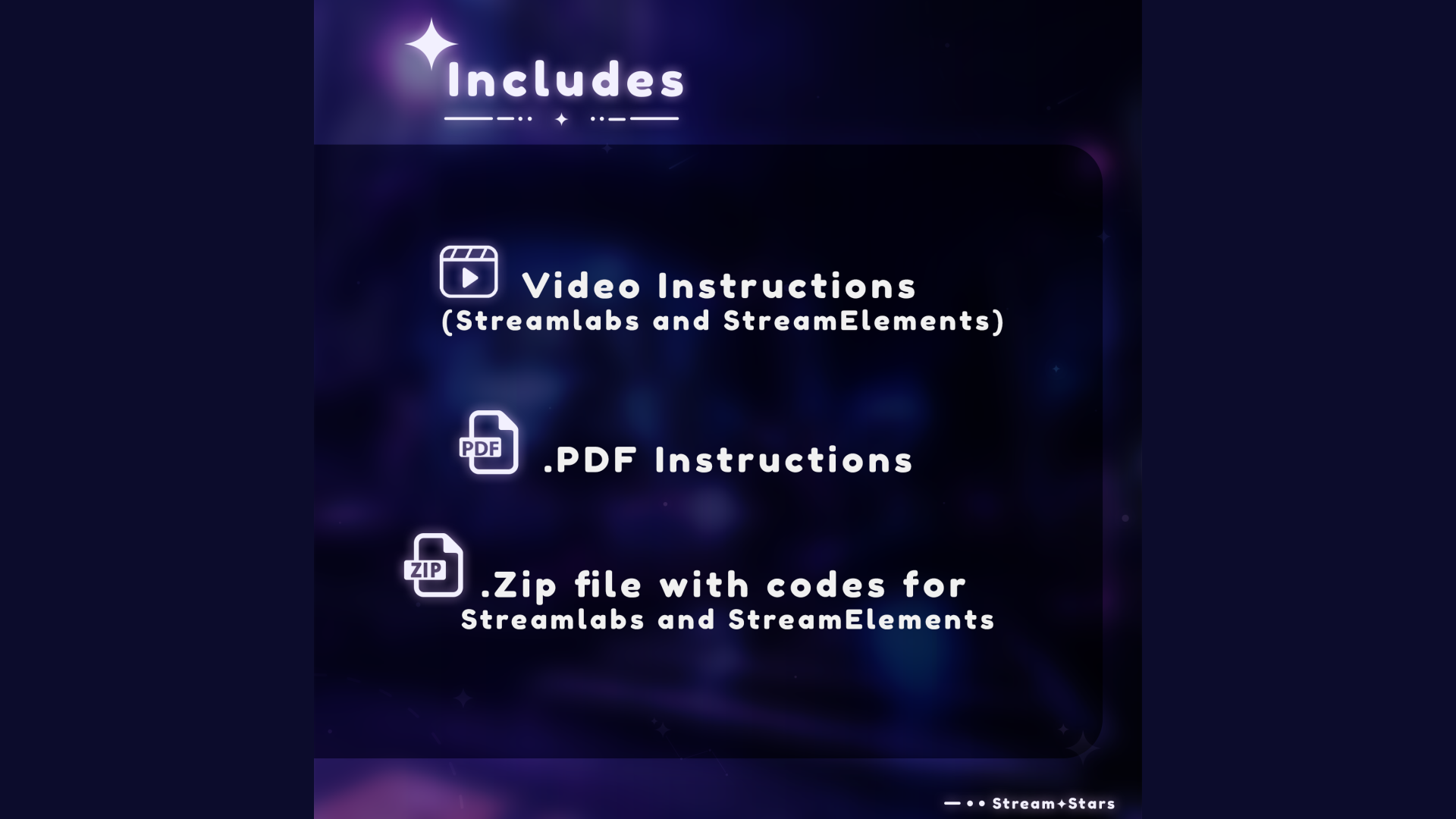 Visual showing included files: video tutorial, PDF setup guide, and .zip with widget codes for Streamlabs and StreamElements. From the MultiStyle Liquid Orbs Goal Widget by Stream+Stars.