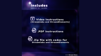 Visual showing included files: video tutorial, PDF setup guide, and .zip with widget codes for Streamlabs and StreamElements. From the MultiStyle Liquid Orbs Goal Widget by Stream+Stars.