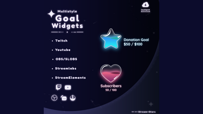 Preview of supported platforms for the MultiStyle Liquid Orbs Goal Widget — Twitch, YouTube, OBS Studio, Streamlabs, and StreamElements. Animated liquid vials display subscriber and donation goals.