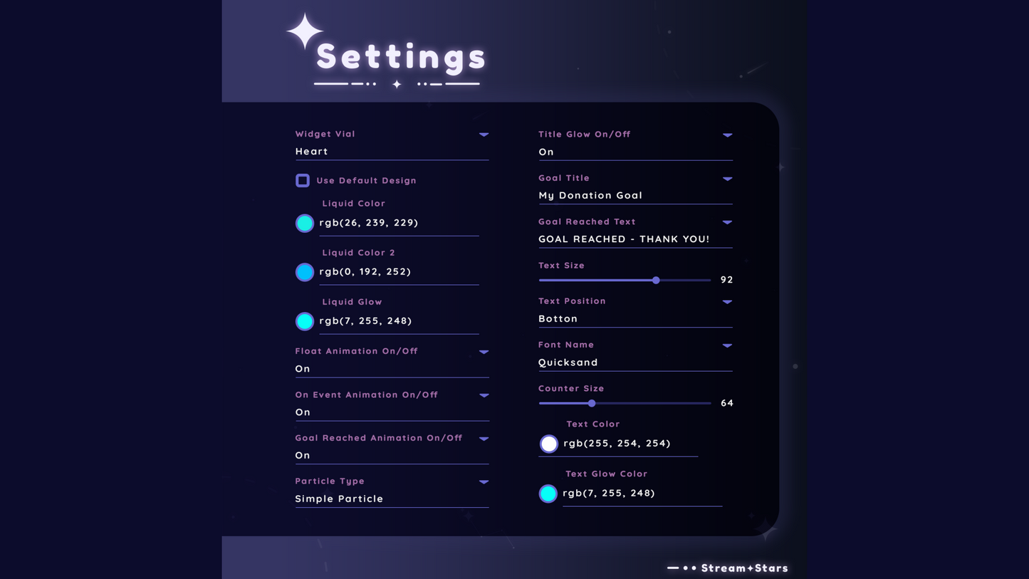 Widget settings interface showing customizable options for liquid color, glow, text, animations, and particles in the MultiStyle Liquid Orbs Goal Widget by Stream+Stars.