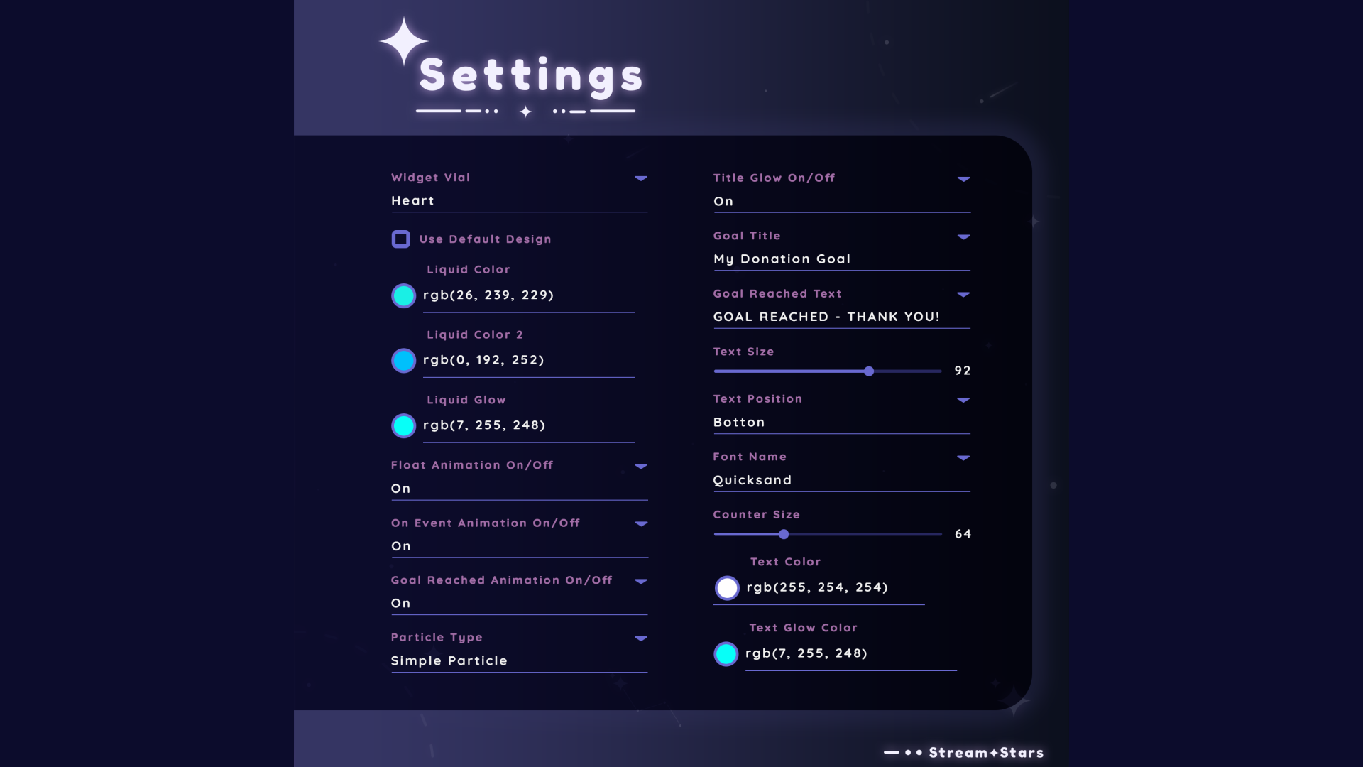 Widget settings interface showing customizable options for liquid color, glow, text, animations, and particles in the MultiStyle Liquid Orbs Goal Widget by Stream+Stars.