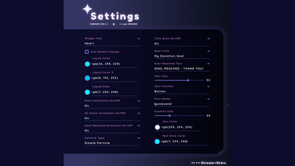 Widget settings interface showing customizable options for liquid color, glow, text, animations, and particles in the MultiStyle Liquid Orbs Goal Widget by Stream+Stars.
