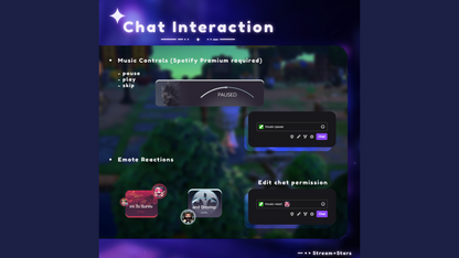 Preview of chat interaction features in the MultiStyle Song Displayer widget, showing Spotify music controls via chat commands and emote reactions. Built for StreamElements and perfect for interactive streams on Twitch, YouTube, and Kick