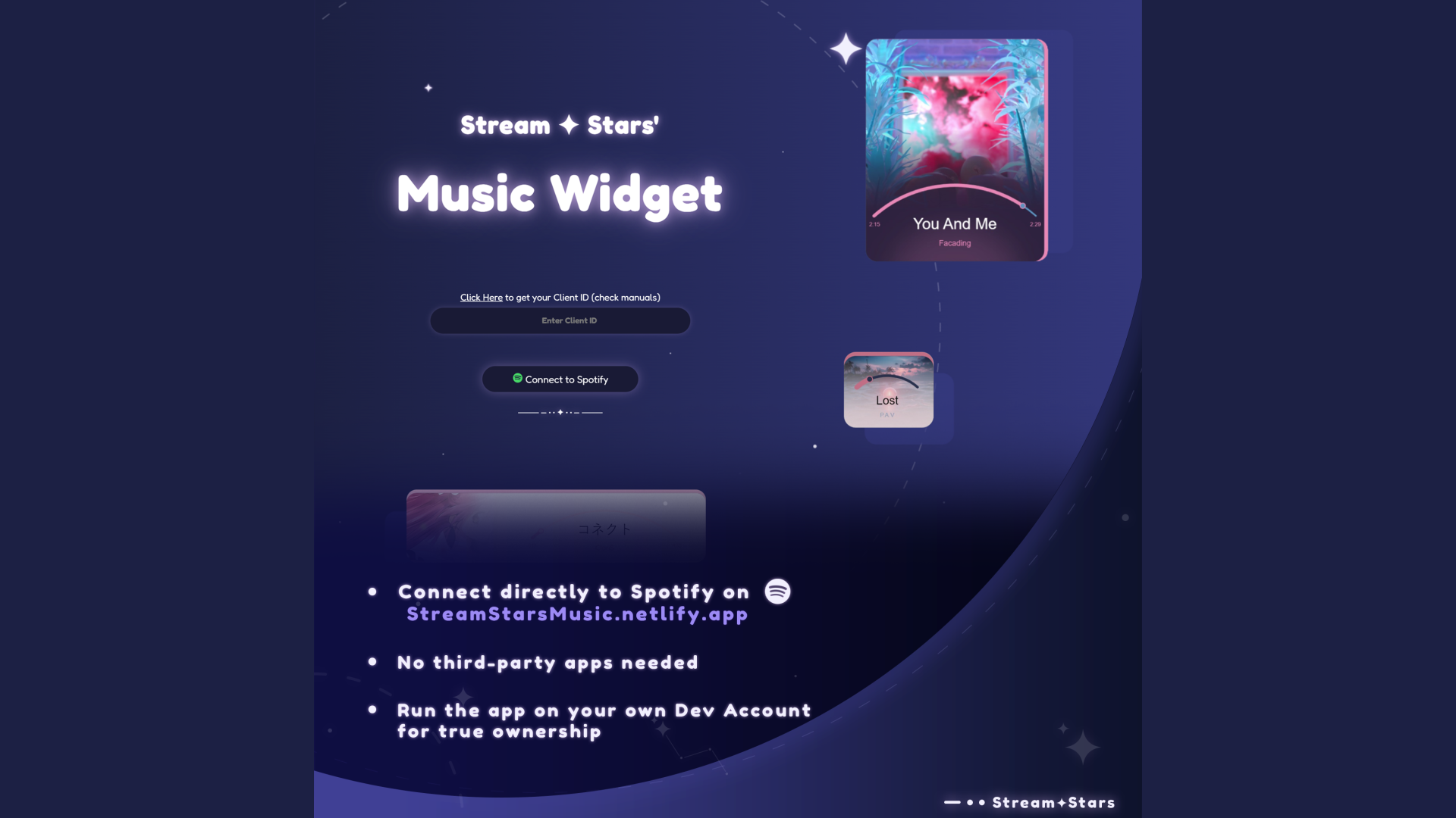 Setup interface of the MultiStyle Song Displayer widget, connecting directly to Spotify through StreamStarsMusic.netlify.app. No third-party apps required. Streamers can host the app on their own developer account for data security.