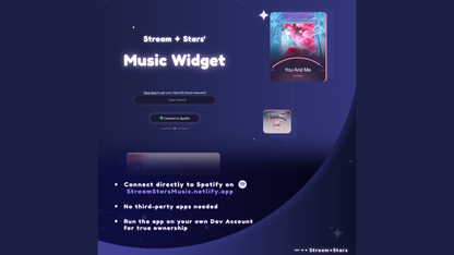 Setup interface of the MultiStyle Song Displayer widget, connecting directly to Spotify through StreamStarsMusic.netlify.app. No third-party apps required. Streamers can host the app on their own developer account for data security.