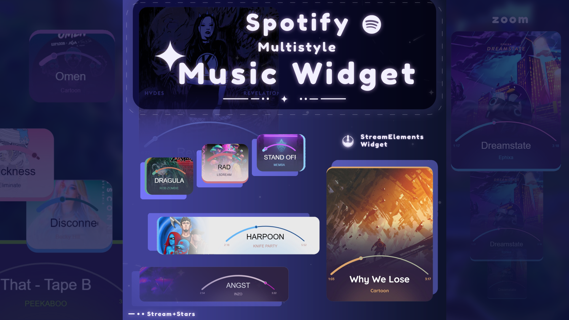 Spotify-connected music widget preview showing dynamic song displays in different styles. Features include real-time Spotify integration, pop-up animations, and theme customization for stream overlays by StreamSpell. Ideal for Twitch, YouTube, and Kick streamers using StreamElements, OBS Studio, or Streamlabs.