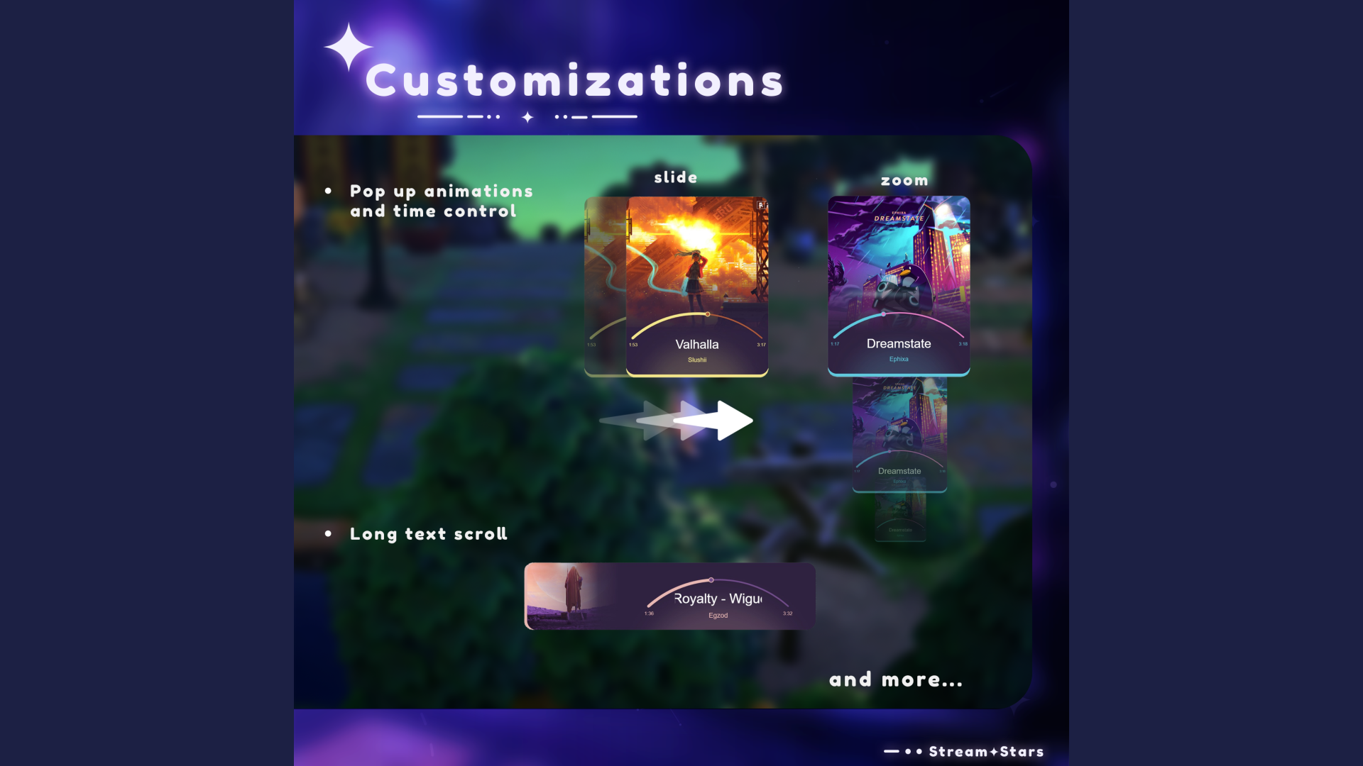 Customization options preview for the MultiStyle Song Displayer widget, including pop-up animations, time control, and long text scroll. Features slide and zoom animations for dynamic stream visuals.