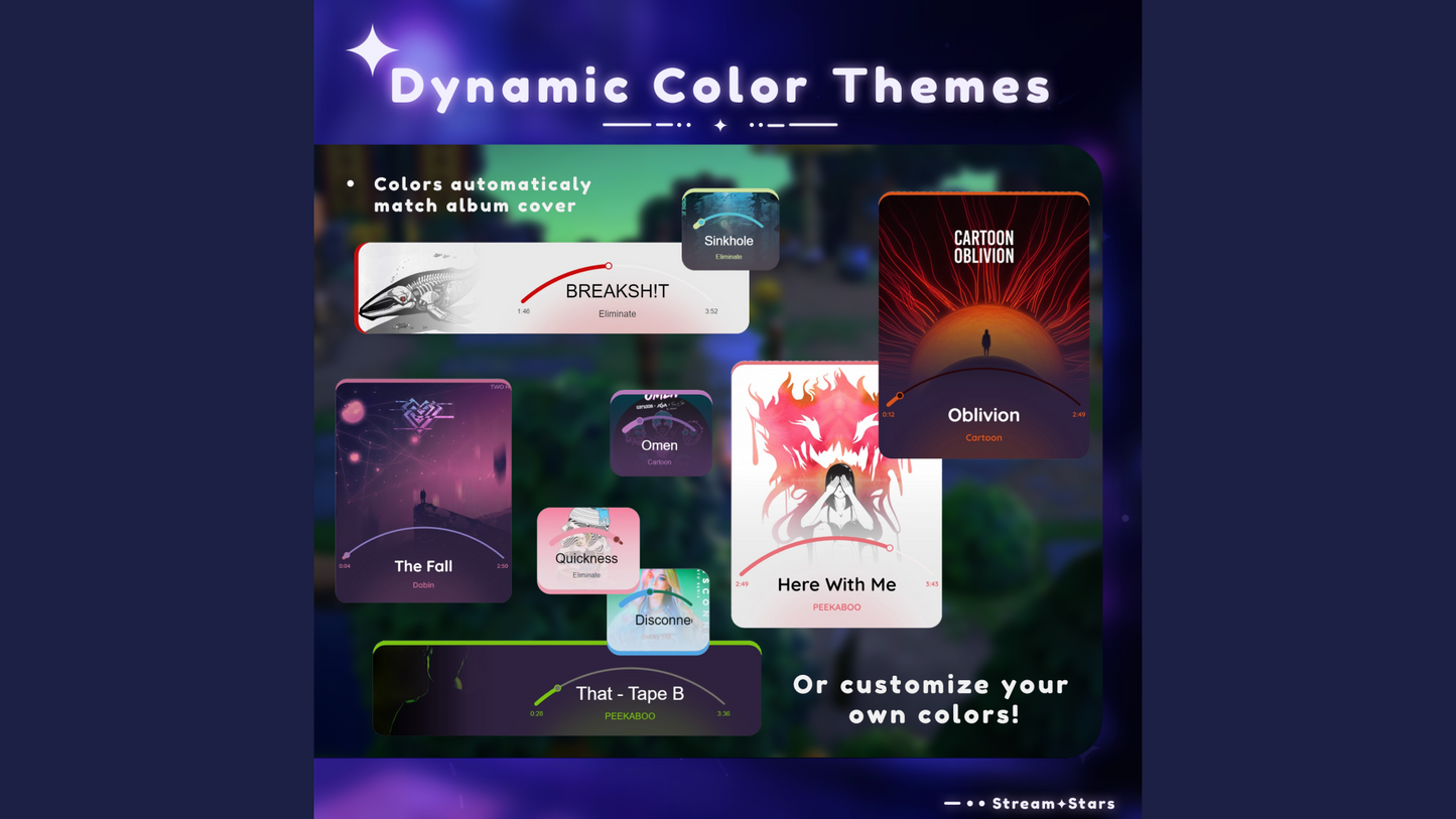 Dynamic color theme feature of the MultiStyle Song Displayer widget. Automatically matches the widget’s colors to each album cover or allows custom color choices. Perfect for cohesive and stylish stream overlays.