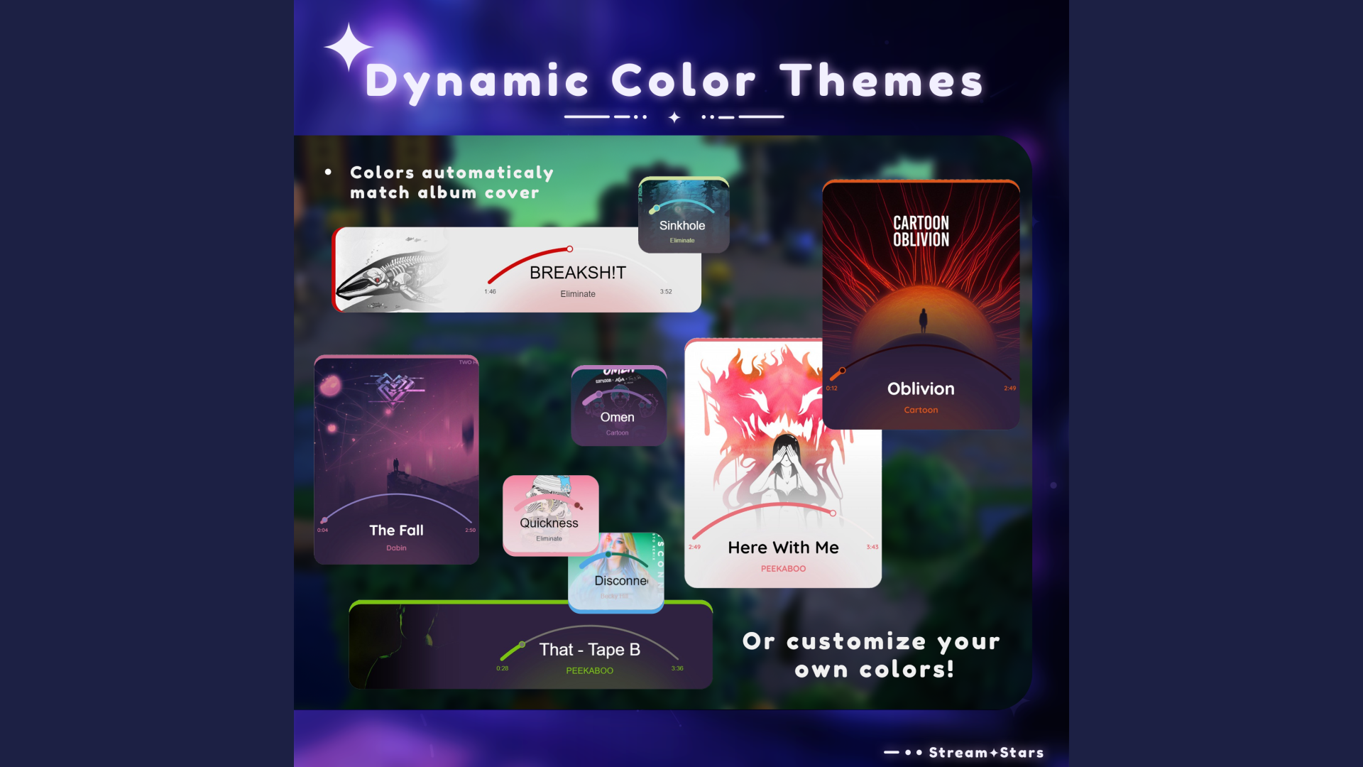 Dynamic color theme feature of the MultiStyle Song Displayer widget. Automatically matches the widget’s colors to each album cover or allows custom color choices. Perfect for cohesive and stylish stream overlays.