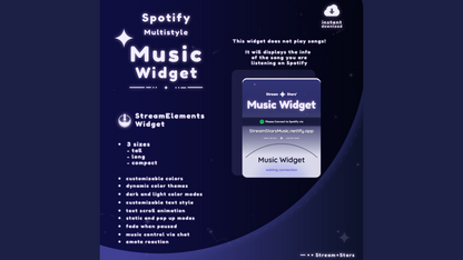 Contents of the MultiStyle Song Displayer widget package by StreamSpell. Includes a one-click setup link for StreamElements, PDF manual, setup video, and .zip file with widget code for OBS and Streamlabs.
