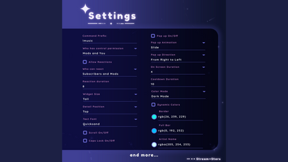 Detailed settings panel for the MultiStyle Song Displayer widget, showing command prefixes, chat permissions, color options, pop-up animations, font selection, and dark/light mode customization.
