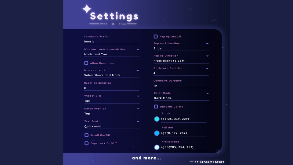 Detailed settings panel for the MultiStyle Song Displayer widget, showing command prefixes, chat permissions, color options, pop-up animations, font selection, and dark/light mode customization.