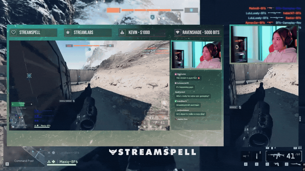 Winter adn Christmas themed animated Vertical and horizontal screens featuring glowing icy teal text, snow particles in motion, and a tactical Battlefield-style HUD background. Part of the BF6 HUD Stream Package by StreamSpell. Fully compatible with OBS Studio, Streamlabs Desktop, and StreamElements.