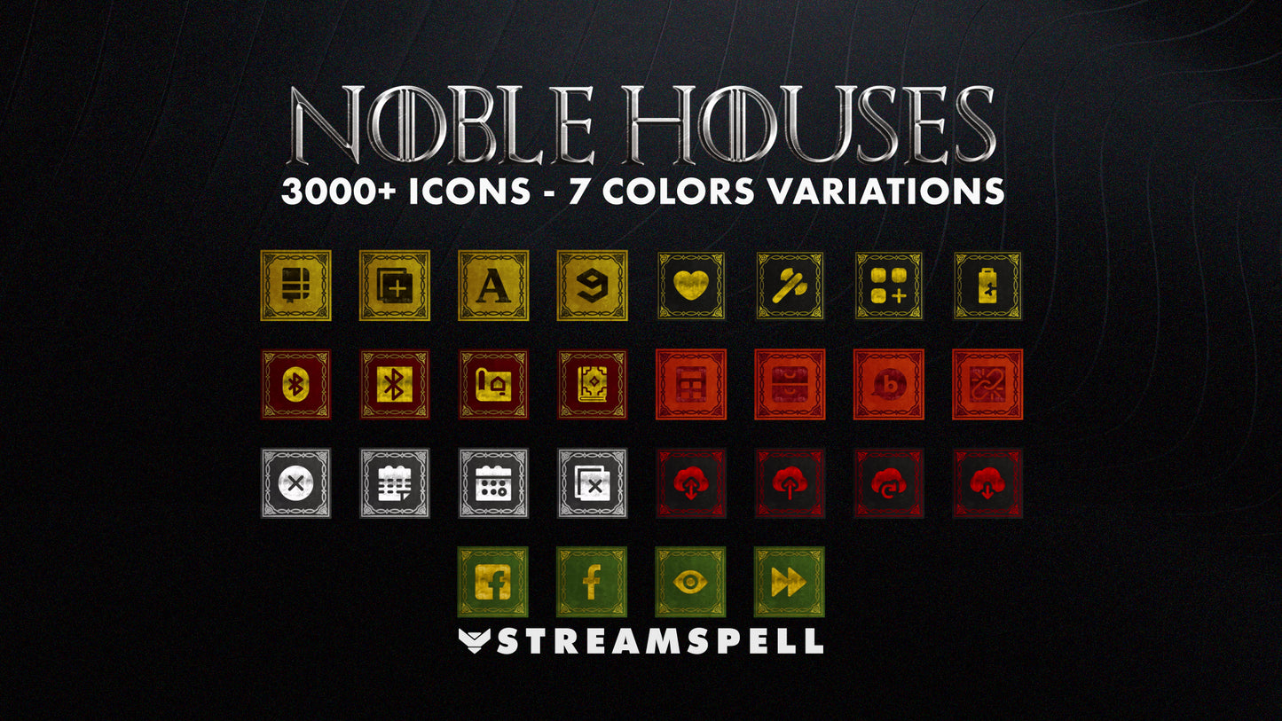 Seven color variations from the Noble Houses Stream Deck Icons pack by StreamSpell. Over 3000 medieval-themed icons inspired by Game of Thrones houses: Stark, Lannister, Targaryen, Baratheon, Martell, Greyjoy, and Tyrell.