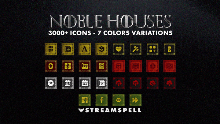 Seven color variations from the Noble Houses Stream Deck Icons pack by StreamSpell. Over 3000 medieval-themed icons inspired by Game of Thrones houses: Stark, Lannister, Targaryen, Baratheon, Martell, Greyjoy, and Tyrell.
