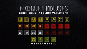 Seven color variations from the Noble Houses Stream Deck Icons pack by StreamSpell. Over 3000 medieval-themed icons inspired by Game of Thrones houses: Stark, Lannister, Targaryen, Baratheon, Martell, Greyjoy, and Tyrell.