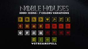 Seven color variations from the Noble Houses Stream Deck Icons pack by StreamSpell. Over 3000 medieval-themed icons inspired by Game of Thrones houses: Stark, Lannister, Targaryen, Baratheon, Martell, Greyjoy, and Tyrell.
