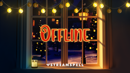 Warm Christmas-themed offline screen showing a cozy window with golden holiday lights, a glowing “Offline” neon-style title, a lit candle, and a snowy village with decorated trees outside. Promotes the Christmas Time Stream Package by StreamSpell for Twitch, YouTube, and Kick. Compatible with OBS Studio, Streamlabs, and StreamElements.