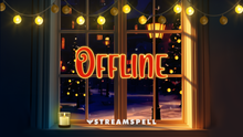 Load image into Gallery viewer, Warm Christmas-themed offline screen showing a cozy window with golden holiday lights, a glowing “Offline” neon-style title, a lit candle, and a snowy village with decorated trees outside. Promotes the Christmas Time Stream Package by StreamSpell for Twitch, YouTube, and Kick. Compatible with OBS Studio, Streamlabs, and StreamElements.