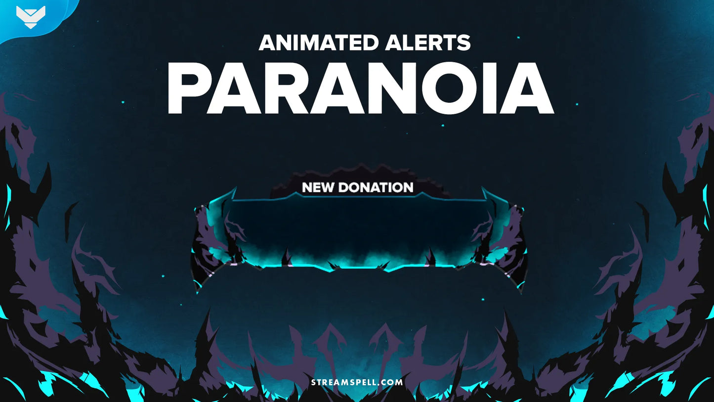 Dark animated stream alert with glowing teal effects, sharp shadow shapes, and a modern gaming UI, promoting the Paranoia alert design by StreamSpell for OBS and Streamlabs.