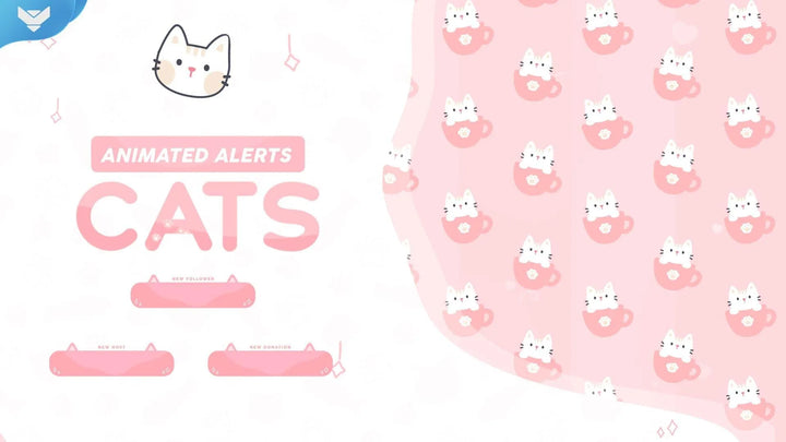 Cute animated cat stream alerts with pink kitten teacup designs and cozy pastel aesthetic, part of the Cats alerts package by StreamSpell for OBS and Streamlabs.