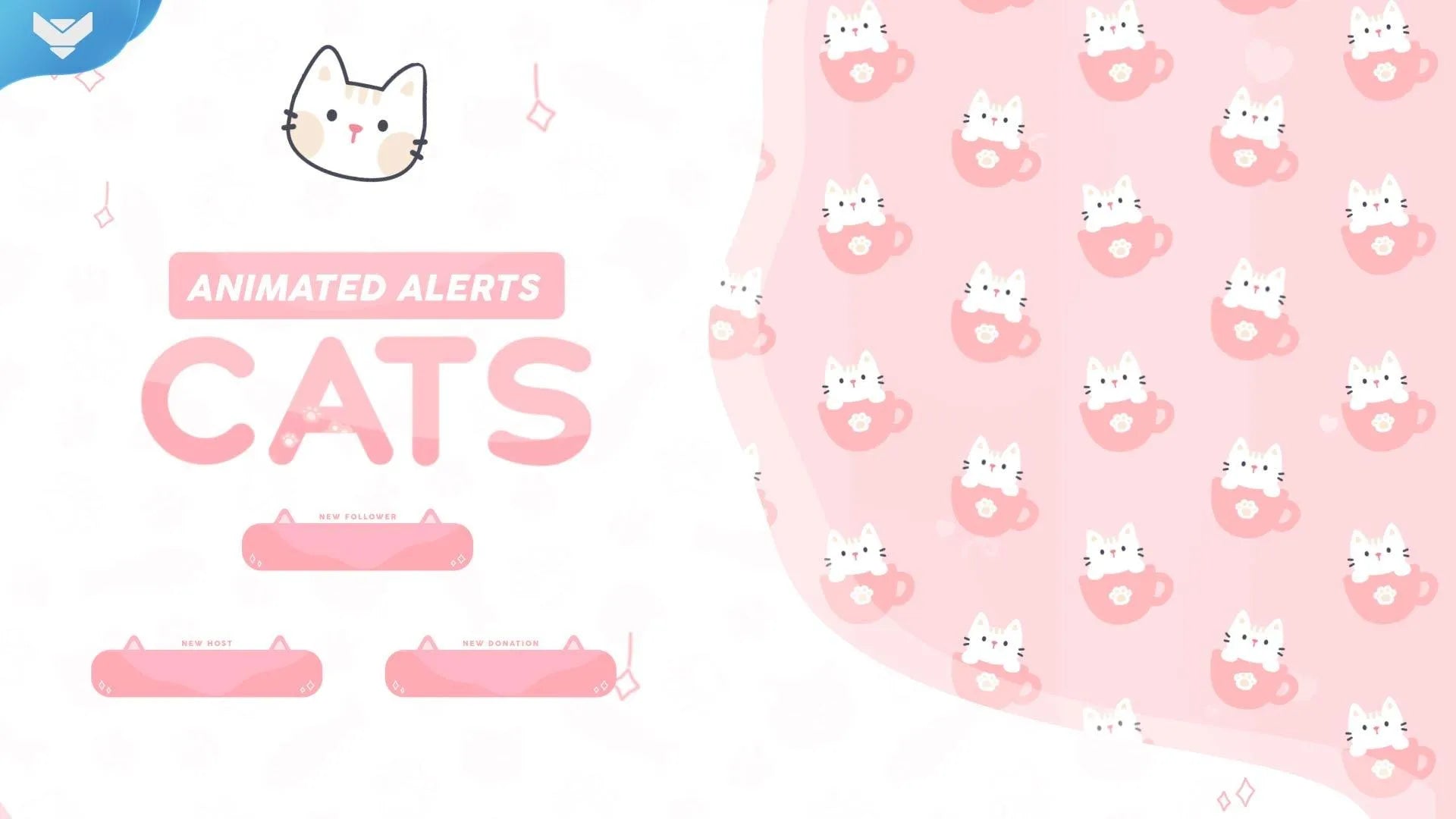 Cute animated cat stream alerts with pink kitten teacup designs and cozy pastel aesthetic, part of the Cats alerts package by StreamSpell for OBS and Streamlabs.