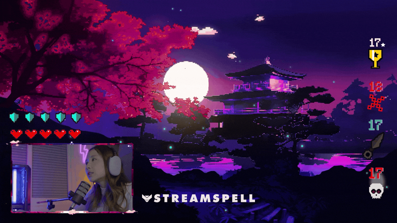 Pixel Japan Reactive Overlays preview by StreamSpell — animated pixel art Japanese temple at night with real-time HUD elements for kills, wins, deaths, defeats, shield, and health. Perfect for Streamlabs users streaming on Twitch or YouTube.