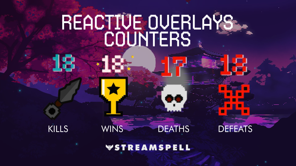 Pixel Japan Reactive Counters by StreamSpell — animated pixel icons for Kills, Wins, Deaths, and Defeats displayed over a serene Japanese temple background at sunset. Designed for Streamlabs Desktop and ideal for pixel art stream overlays.