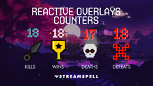 Load image into Gallery viewer, Pixel Japan Reactive Counters by StreamSpell — animated pixel icons for Kills, Wins, Deaths, and Defeats displayed over a serene Japanese temple background at sunset. Designed for Streamlabs Desktop and ideal for pixel art stream overlays.