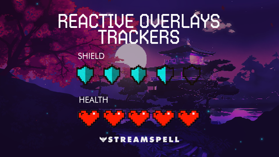 Pixel Japan Reactive Trackers by StreamSpell — pixel art hearts and shields showing Health and Shield tracking in real time. Set against a Japanese night temple scene in purple and pink hues. Streamlabs-compatible reactive overlays for Twitch and YouTube.