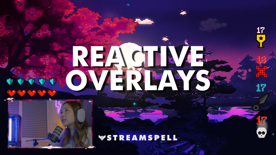 Pixel Japan Reactive Overlays preview by StreamSpell — pixel art Japanese landscape at night with animated HUD elements. Text reads “Reactive Overlays”. Includes a streamer on camera and glowing counters for kills, wins, deaths, and defeats. Perfect for Twitch, YouTube, and Streamlabs users.