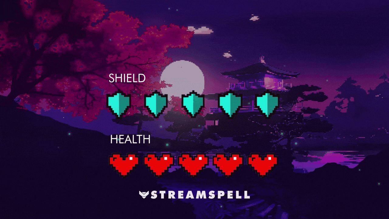 Pixel Japan Reactive Trackers by StreamSpell — animated pixel art hearts and shields showing live Shield and Health tracking in a serene Japanese night scene. Fully compatible with Streamlabs Desktop for Twitch and YouTube streamers.