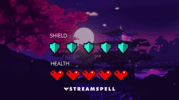 Pixel Japan Reactive Trackers by StreamSpell — animated pixel art hearts and shields showing live Shield and Health tracking in a serene Japanese night scene. Fully compatible with Streamlabs Desktop for Twitch and YouTube streamers.