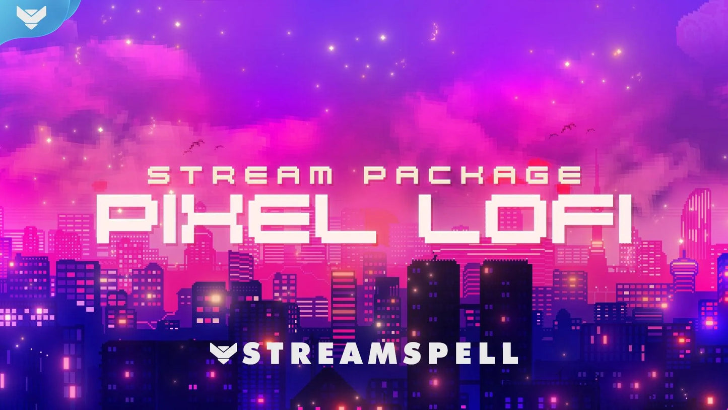 Pixel Lofi Night Stream Package cover featuring a purple and pink pixel art city skyline with glowing lights and a dreamy nighttime atmosphere.

