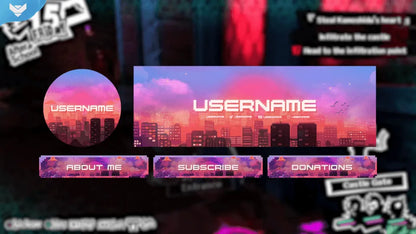 Pixel Lofi Stream Package social media graphics featuring a sunset pixel art city, profile picture, channel banner, and matching stream panels.
