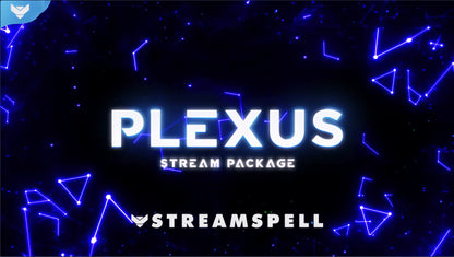 Plexus Stream Package:Futuristic stream overlay with glowing blue plexus lines and abstract network shapes on a dark background, promoting the Plexus animated stream package by StreamSpell for OBS and Streamla