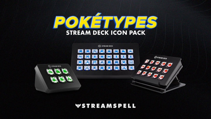 Pokétypes Stream Deck icon pack with Streamspell branding on a dark background