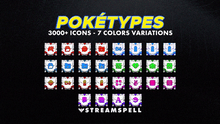 Load image into Gallery viewer, Pokémon Poketypes Stream Deck Icon Pack by StreamSpell showing 3000+ icons in 7 color variations. Icons displayed include categories like gaming, social media, Discord, and UI. Designed for all Elgato Stream Deck models (MK2, XL, Plus, Neo, Mini) and compatible with OBS Studio and Streamlabs.
