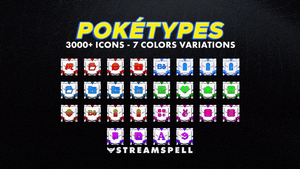 Pokémon Poketypes Stream Deck Icon Pack by StreamSpell showing 3000+ icons in 7 color variations. Icons displayed include categories like gaming, social media, Discord, and UI. Designed for all Elgato Stream Deck models (MK2, XL, Plus, Neo, Mini) and compatible with OBS Studio and Streamlabs.