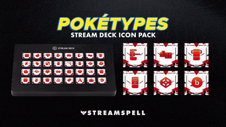 Poketypes Stream Deck Icon Pack by StreamSpell featuring Blaze type icons in red and white elemental designs. Displayed on an Elgato Stream Deck XL with close-ups of social media, gaming and UI icons. Fully compatible with all Stream Deck models, OBS Studio and Streamlabs.