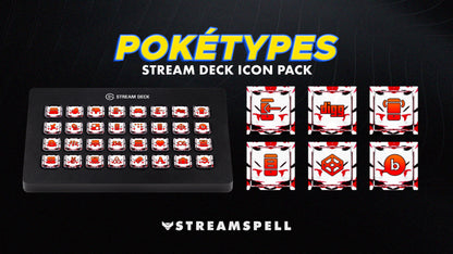 Poketypes Stream Deck Icon Pack by StreamSpell featuring Blaze type Pokémon-inspired icons in red elemental designs. Displayed on an Elgato Stream Deck XL with close-up icons for social media, gaming, and UI. Fully compatible with OBS Studio, Streamlabs, and all Stream Deck models.