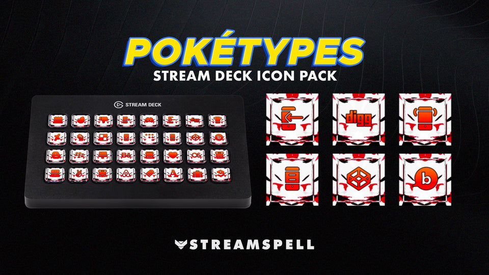 Poketypes Stream Deck Icon Pack by StreamSpell featuring Blaze type Pokémon-inspired icons in red elemental designs. Displayed on an Elgato Stream Deck XL with close-up icons for social media, gaming, and UI. Fully compatible with OBS Studio, Streamlabs, and all Stream Deck models.
